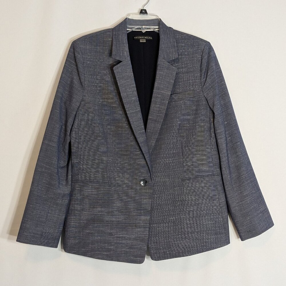 ANTONIO MELANI Variegated Blue, One Button, Lined Woven Blazer; Size 14